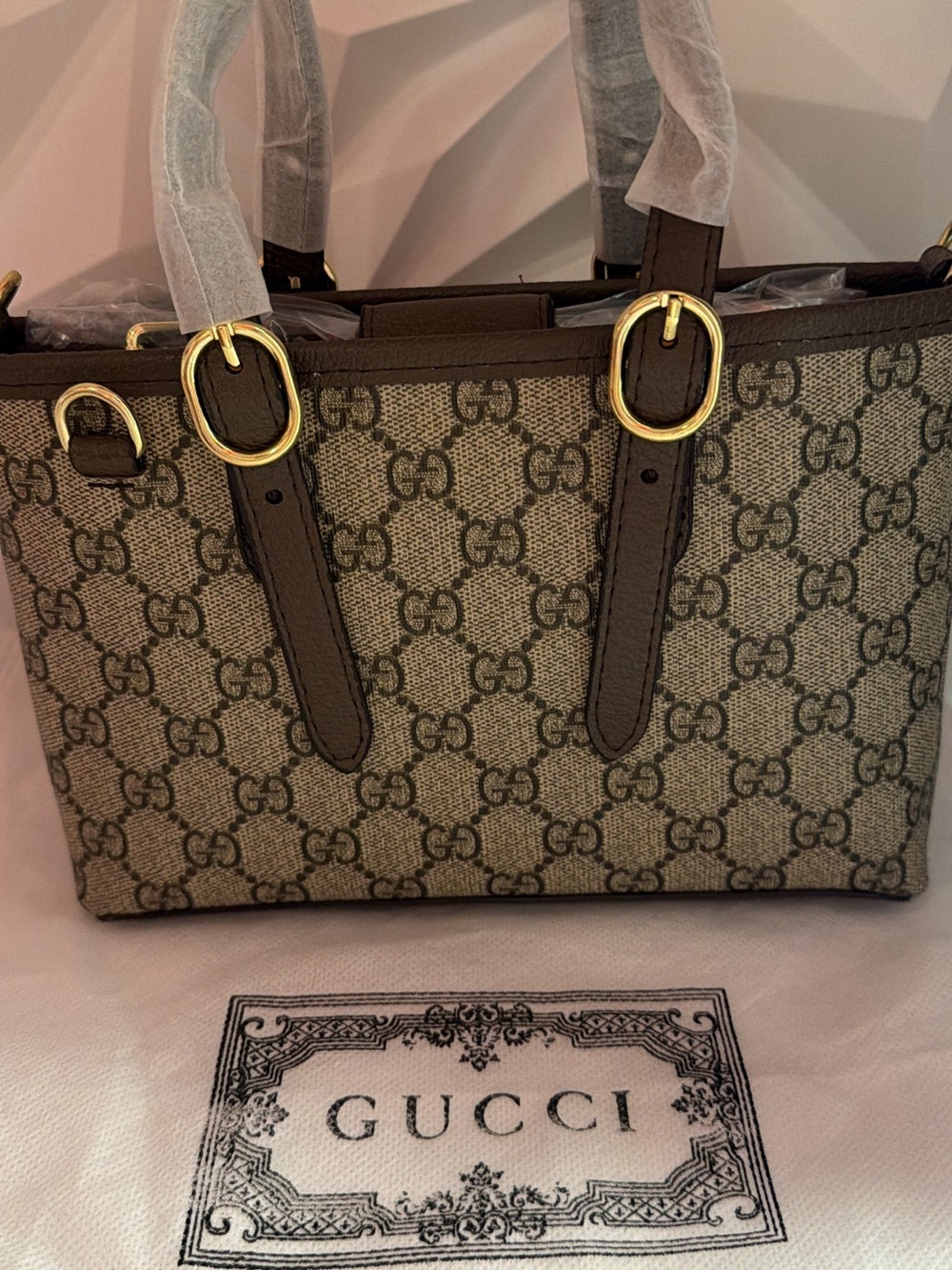 Gucci Brown GG Canvas Tote with Gold Hardware